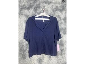 Wild fable Navy Blue Button-Up Shirt with Ruffle Sleeves, Size Large